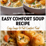 Creamy Chicken Pot Pie Soup in a white bowl garnished with herbs and golden pastry bites